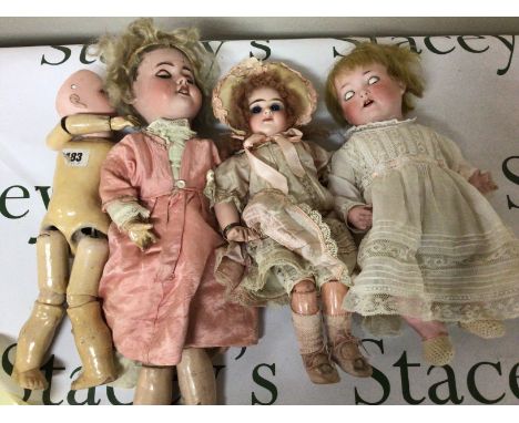 Four bisque head dolls with composition bodys included German Heubach Koppelsdorf doll one with a cracked head (4)