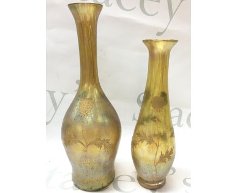 Art Nouveau Loetz style glass vases. 21 and 26cm tall. This lot cannot be posted