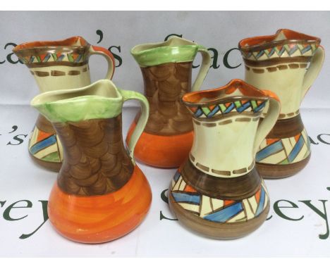 Five Myott & Son pinched neck pottery jugs, tallest approx 20cm. Shipping category D.