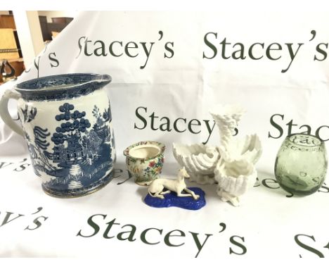 A Collection of ceramics including a Green art glass vase, white ceramic flower vase, Copeland & Garrett dog figure, Royal Wi