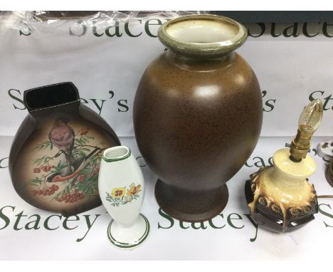 Four Sussex pottery items comprising a Rye pottery vase and lamp plus two others. Tallest approx 40cm. Shipping category D.