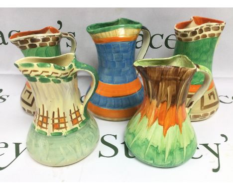 Five Myott & Son pinched neck pottery jugs, tallest approx 20cm. Shipping category D.