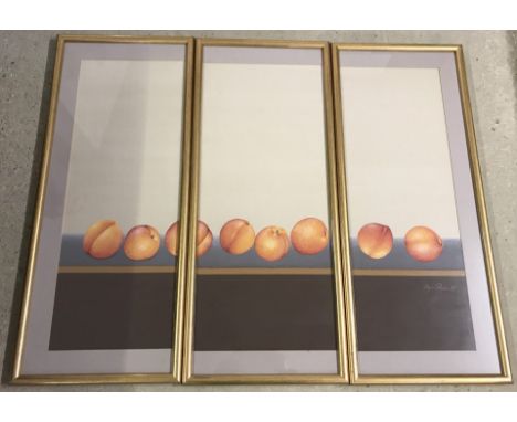 Marin Perich acrylic on silk triptych of peaches on a shelf. Signed and dated '87. Each section 66 x 24cm