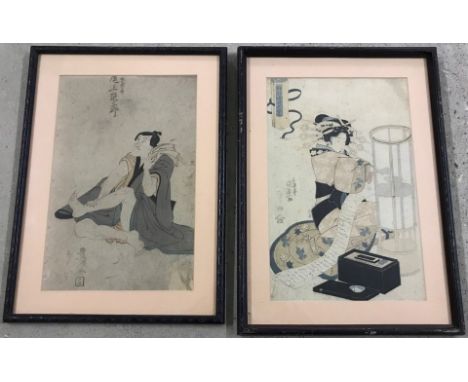 2 framed and glazed 19th century Japanese block prints. Both with calligraphic text and seal marks Approx. 36x24cm.