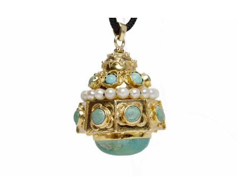 TURQUOISE AND PEARL SET PENDANTof conical form, with canetille work decoration and with cabochon cut turquoise and spherical 
