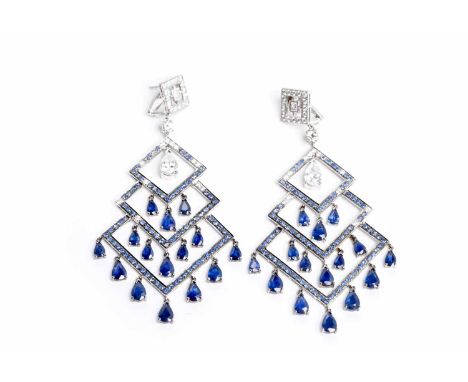PAIR OF SAPPHIRE, DIAMOND AND GEM SET CHANDELIER EARRINGSeach formed by three graduated open partial squares set with round s