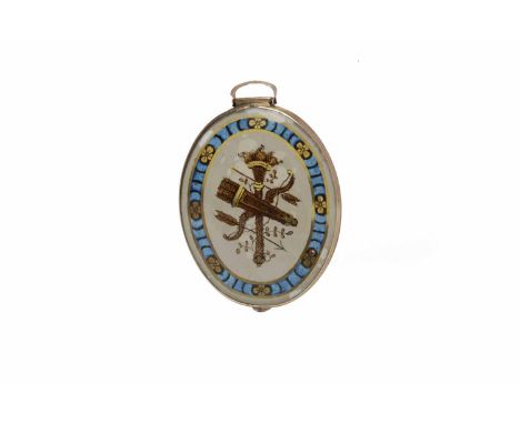 MID VICTORIAN LOCKETof oval form, with a crystal covered painted plaque depicting a bow and arrow within an iridescent border