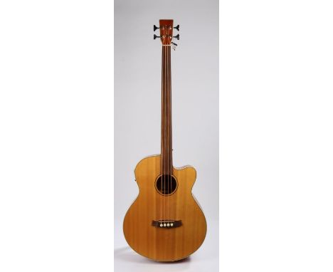 Tanglewood Model DBT AB FR electro-acoustic fretless Bass, single cutaway.