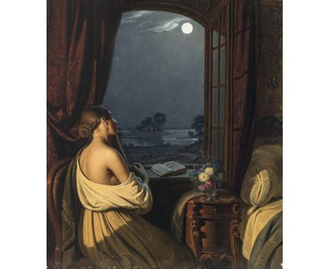 Johann Peter Hasenclever1810 Remscheid - 1853 DüsseldorfJunge Frau am offenen Fenster, in Betrachtung des VollmondesAuf dem F
