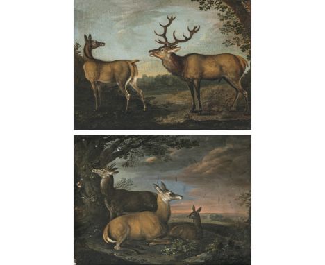 Anton Enzingerum 1683 - 1768 , war tätig in SalzburgLagernde Rehe am Waldrand - Hirsch und HirschkuhDas erste Gemälde r. u. s