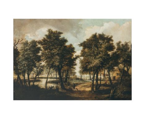 Meindert Hobbema1638 Amsterdam - 1709 ebendaEichenwaldLinks ein Teich, in der Mitte ein Waldweg mit Bauernpaar und Hund, rech