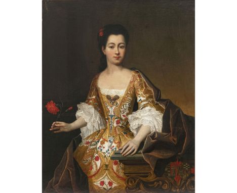Frankreich o. Spanien um 1720Bildnis einer Dame mit roten NelkenDreiviertelfigur leicht nach links, den Kopf leicht nach rech