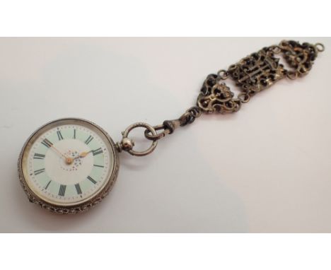 Continental 935 silver cased ladies fob watch having Roman chapters to the painted enamel dial CONDITION REPORT: No key to te