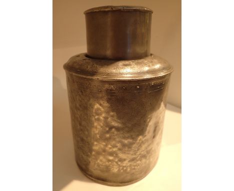Large white metal lead soldered tea caddy with rubbed floral and figural design seal mark impressed to base H: 30 cm