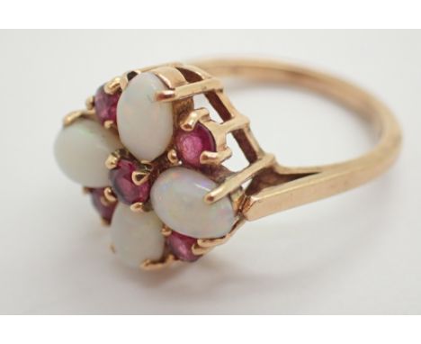 9ct gold opal and ruby cluster ring size M 3.4g