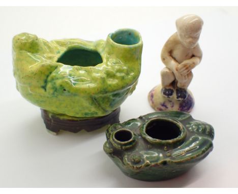 Early Chinese cricket green glazed pottery water dropper W: 5 cm a further water dropper and a Tang Dynasty model of a Monkey