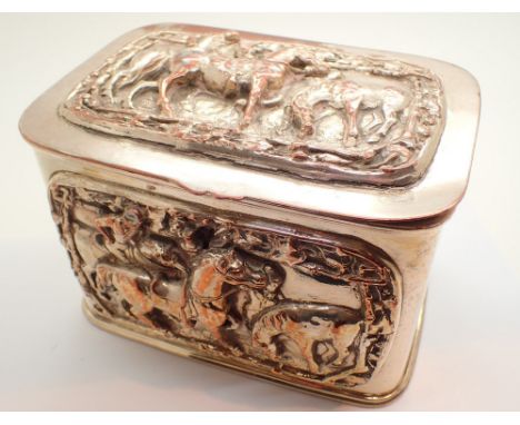 Large silver plated two compartment tea caddy with embossed horse and rider design L :  20 cm 