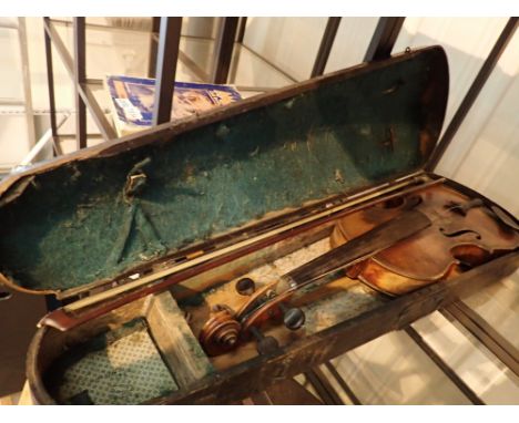 Boxed full size violin with single piece back bearing label Giovan Paolo Maggini Brescia 1695 CONDITION REPORT: Very grubby -