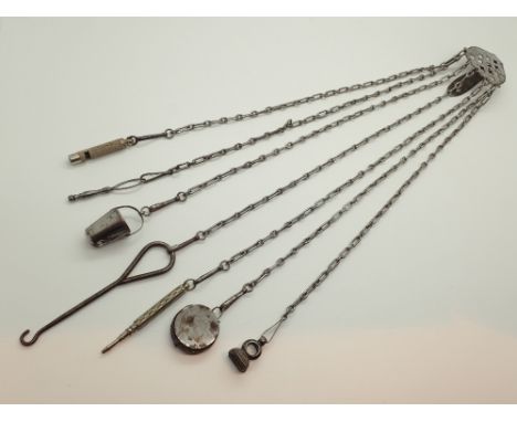 Antique housekeepers chatelaine with five tools thimble whistle button hook propelling pencil and pin cushion