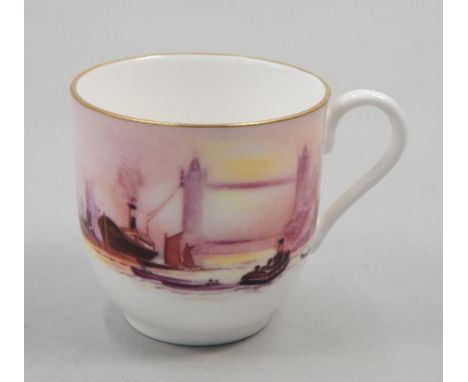 A Royal Worcester porcelain coffee cup, decorated with a scene of the Tower of London, printed marks in black to underside.