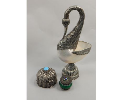 Three items, each embellished with silver coloured metal, a shell vase modelled in the form of a swan, a box and cover inset 