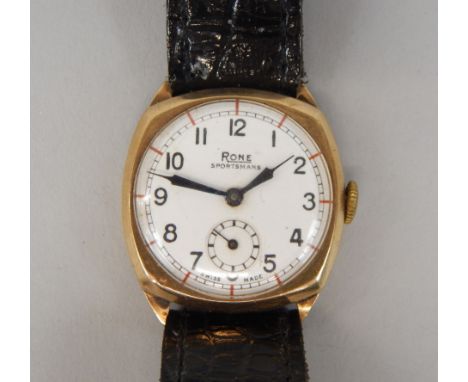 A Rone gentleman's wristwatch, with white enamel dial, in 9ct gold case with leather strap