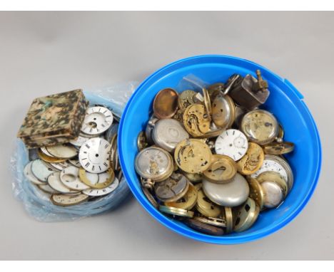 A large quantity of pocket watch parts, enamel dials, wristwatch straps, etc.