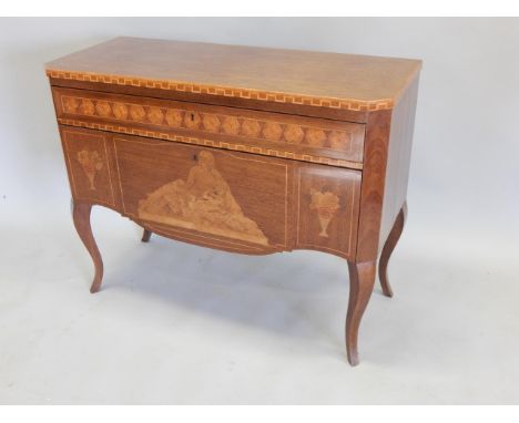 A Continental mahogany commode, the rectangular top with canted corners above a parquetry inlaid frieze, and a deep drawer in