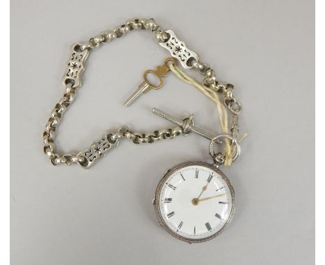 A Victorian silver cased fob watch, having enamel dial with Roman numerals, surrounded by minute track, and gilt poire hands,