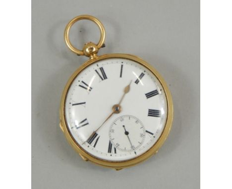 A small 18ct gold pocket watch, the white enamel dial with Roman numerals, the case with engine turned decoration and a centr