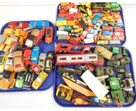 Three trays containing die-cast vehicles, to include a Corgi Mercedes Benz taxi, an Opal Senata, military vehicles, Corgi Jun