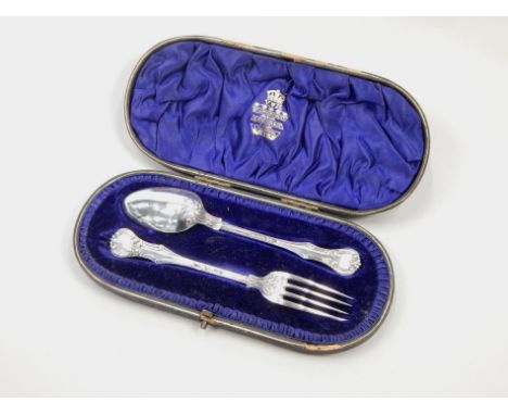 A Victorian silver christening set, comprising spoon and fork, London 1859, in fitted case, stamped Elkington