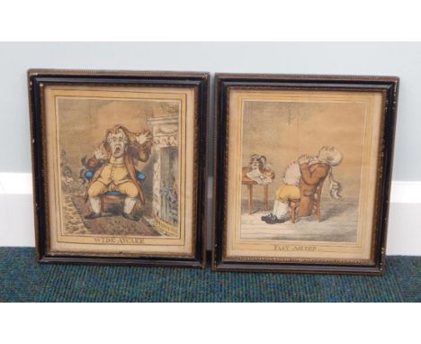After James Gillray.  Wide-Awake and Fast-Asleep, coloured lithograph published by J Sidebotham, 23cm x 18cm