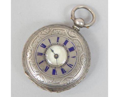 A late 19th/early 20thC engraved white metal half hunter fob watch, with enamel numerals to the outer case, stamped to the re