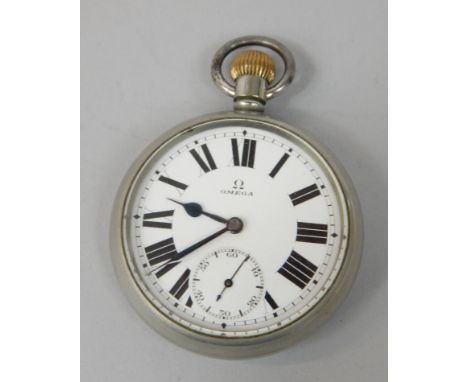 An Omega silver plated pocket watch, with white enamel dial, blue hands and black Roman numerals. 