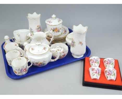A quantity of Derby Posies porcelain, to include a small teapot, milk jug, cups, preserve jar and cover and two similar Aynsl