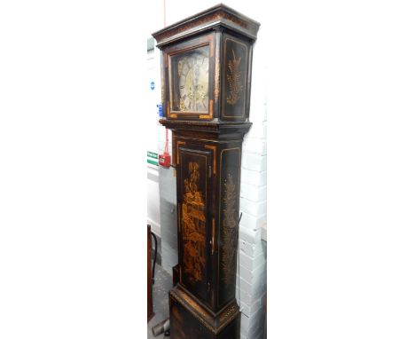 James Tudman, London.  A longcase clock, the square dial with gilt rococo style spandrels, silvered chapter ring, eight day f