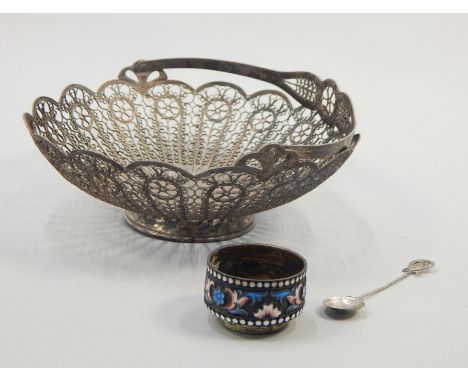 Two items of Russian white metal, a filigree basket and a gilt white metal and champleve enamel salt etc.