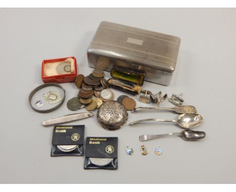 Various items of small silver, to include a bangle, ladle AF, coins etc.