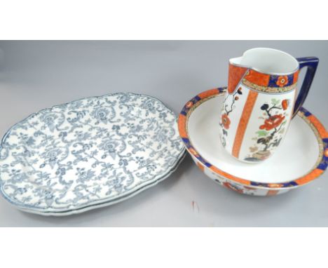 Various ceramic items, to include a Staffordshire wash jug and bowl and two Victorian grey printed meat dishes, decorated wit