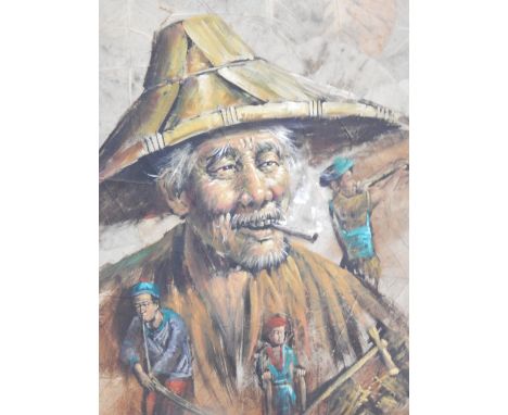 20thC Eastern School. Portrait of an old gentleman smoking, oil on dried leaf, indistinctly signed, 40cm x 31cm. 