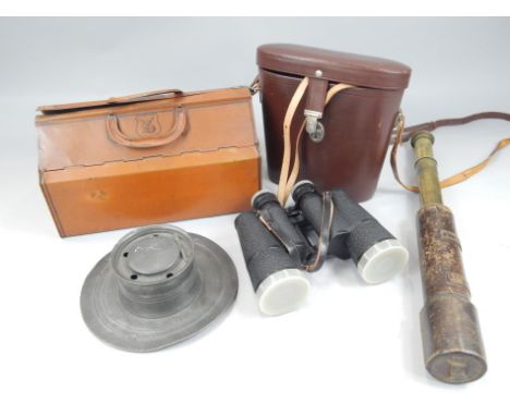 A collection of items, to include a brass and leather four draw telescope, pewter inkwell, a tin tool box containing some too