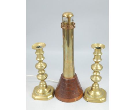 A novelty brass copper and treen lamp base, modelled in the form of a lighthouse, 37cm high and a pair of Victorian brass can