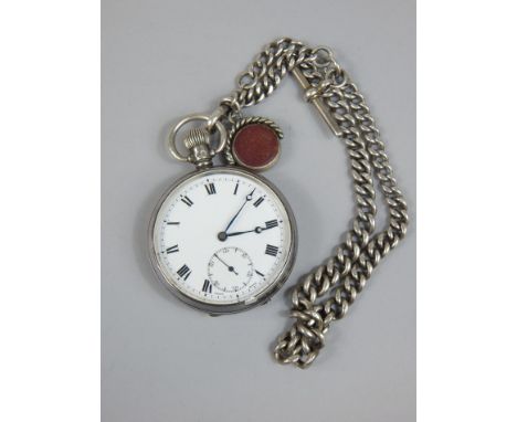 A silver pocket watch and chain, the pocket watch with white enamel dial, blue hands and roman numerals, with silver chain an