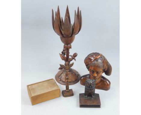 A collection of treen, to include an Eastern wooden bust, a Burmese style lamp stand, decorated with a flower and petal, carv