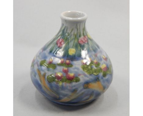 A Cobridge ceramic squat shaped vase, decorated with the Water Poem pattern, impressed marks to underside and original box, 9