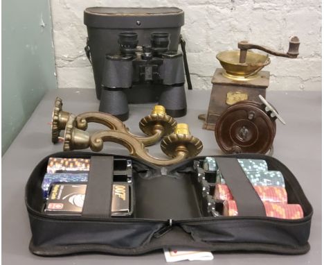 An Allcock Ariellite bakelite reel;&nbsp; a coffee grinder;&nbsp; Greenkat binoculars, 10 x 50, cased;&nbsp; 007 50th Anniver