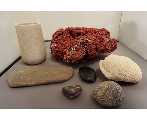 Natural History - a red coral specimen, 23cm wide;&nbsp; stones;&nbsp; etc 