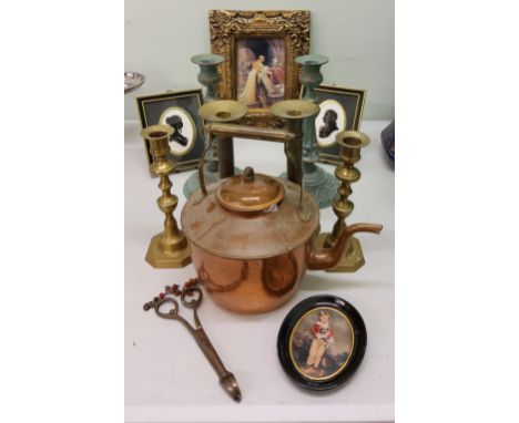 A pair of 19th century brass ejector candlesticks;&nbsp; other decorative candlesticks;&nbsp; a copper kettle;&nbsp; decorati