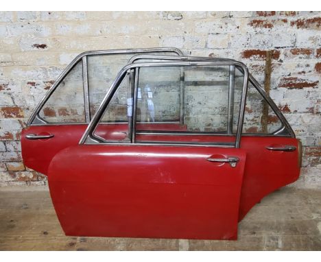 Three vintage red&nbsp; model doors, nearside front and rear doors and offside rear door. Approx 95cm height x 91cm wide x 12